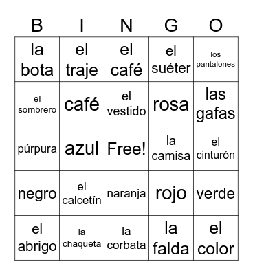 Spanish Clothes Duolingo Bingo Card