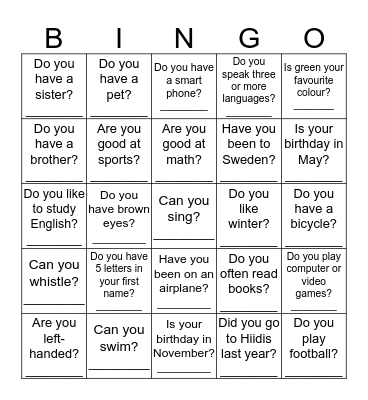 Find someone who says yes! Bingo Card