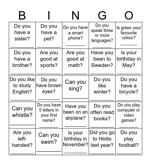 Find someone who says yes! Bingo Card