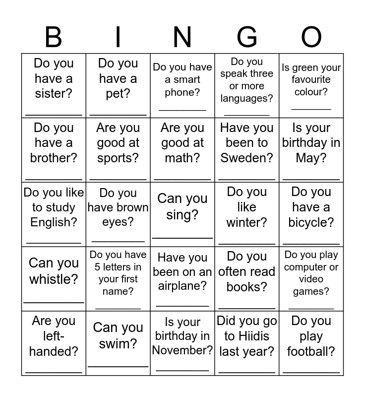 Find someone who says yes! Bingo Card