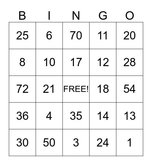 Bingo tafelsommen, optel- en aftreksommen t/m 20 Bingo Card