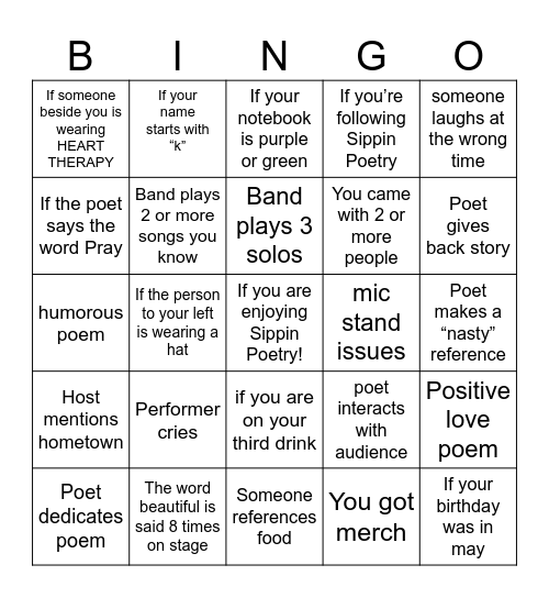 Sippin Poetry Bingo Card