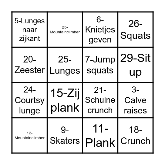Jubileum Bingo-workout Bingo Card