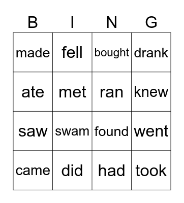 Irregular verbs Bingo Card