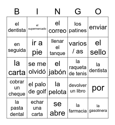 Spanish 2 - Capítulo 3A vocab bingo Card
