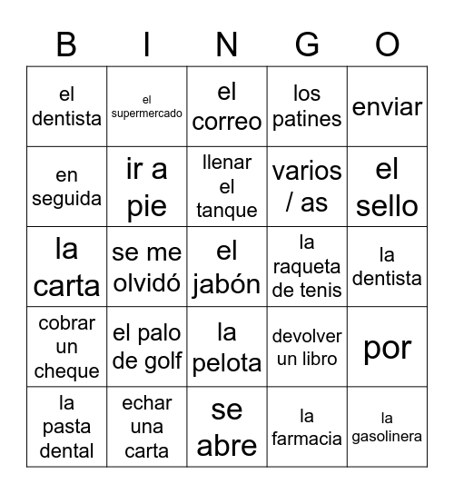 Spanish 2 - Capítulo 3A vocab bingo Card