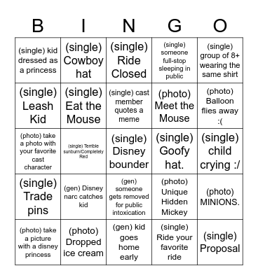 Gaggle Disney Bingo Card