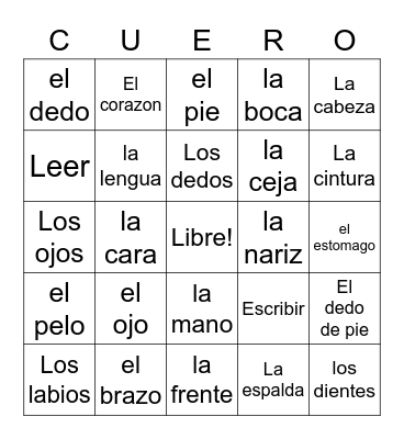 7th Grade El Cuerpo Bingo Card