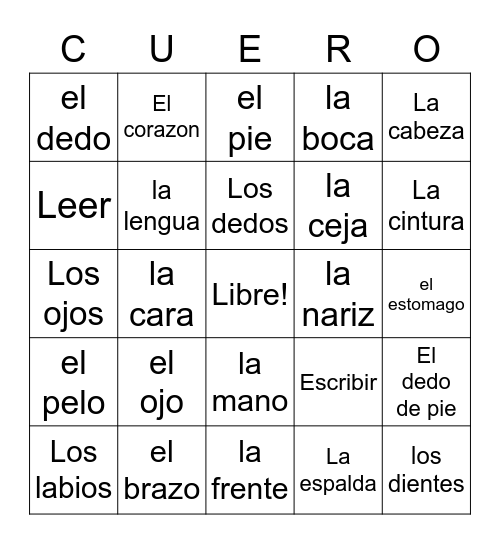 7th Grade El Cuerpo Bingo Card