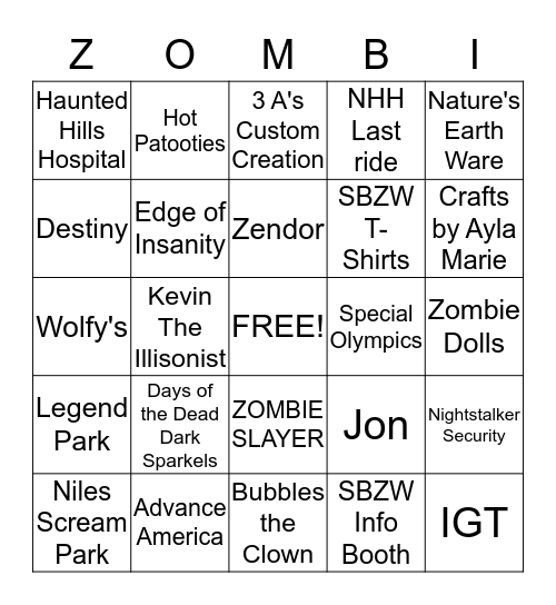 SBZW Vendor Bingo Card