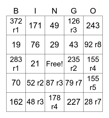 Long Division Bingo Card