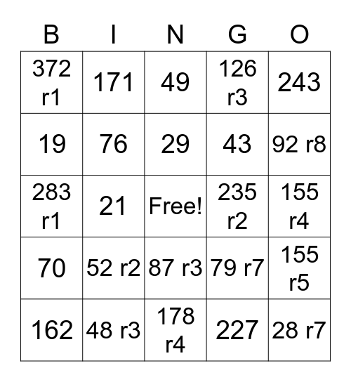 Long Division Bingo Card