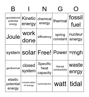 Energy Bingo Card