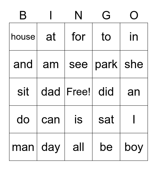 SNAP WORD Bingo Card
