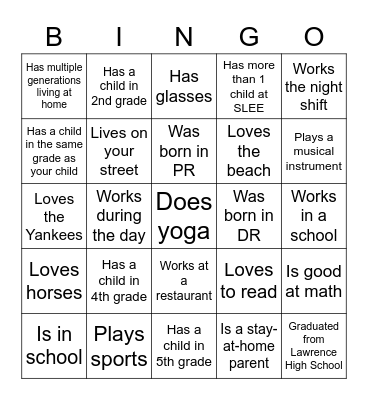 Get to Know Other Families!! Bingo Card