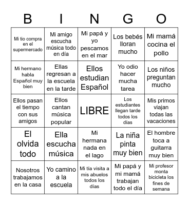 El Presente Simple -AR verbs Bingo Card