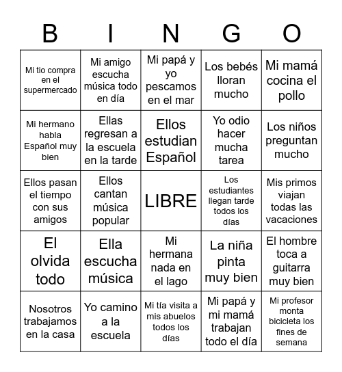 El Presente Simple -AR verbs Bingo Card