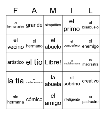 6th Grade La Familia Bingo Card
