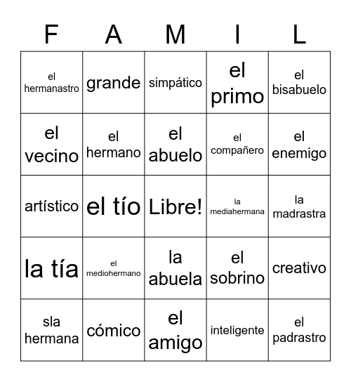 6th Grade La Familia Bingo Card
