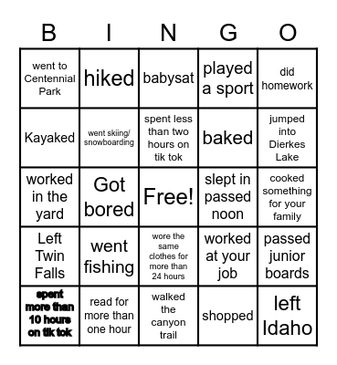 Spring Break Bingo Card