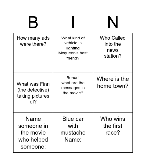 Cars Movie Bingo Card