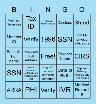 HIPAA Bingo Card