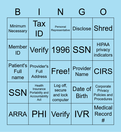 HIPAA Bingo Card