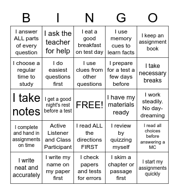 Test Taking Strategies Bingo Card