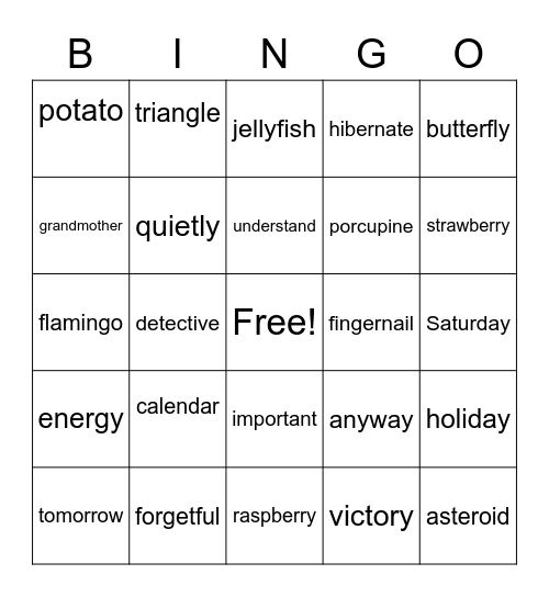 3 syllables Bingo Card
