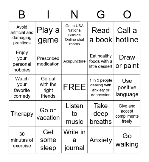 Anxiety and Depression Coping Skills Bingo Card