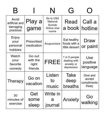 Anxiety and Depression Coping Skills Bingo Card