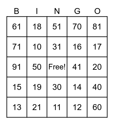 Number Bingo Card