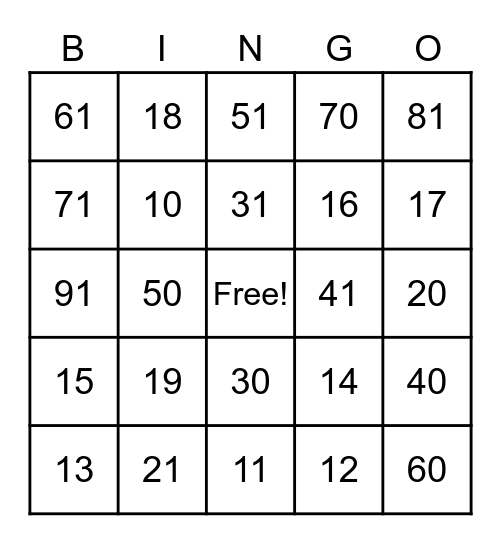 Number Bingo Card