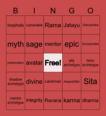 Ramayana Vocabulary Bingo Card