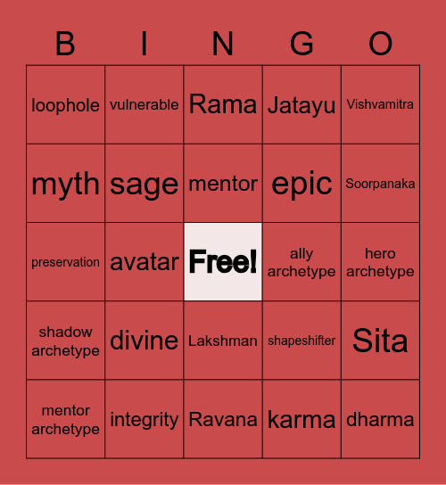 Ramayana Vocabulary Bingo Card