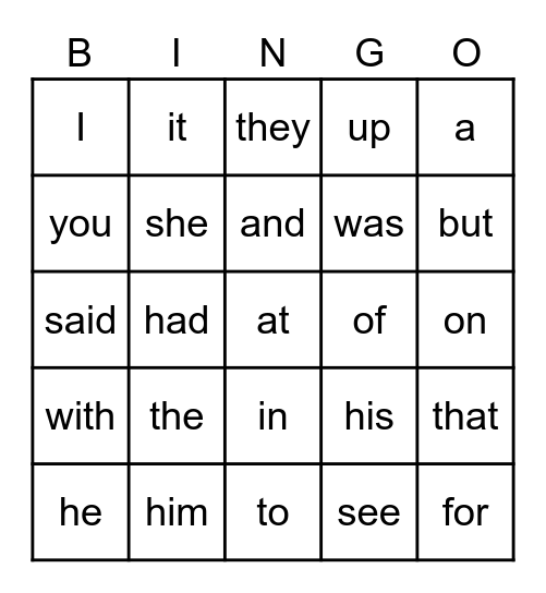 BiffyToons Sight Words SET 1 Bingo Card