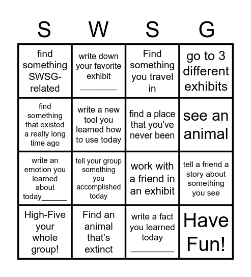 SWSG Science Scavenger Hunt Bingo Card