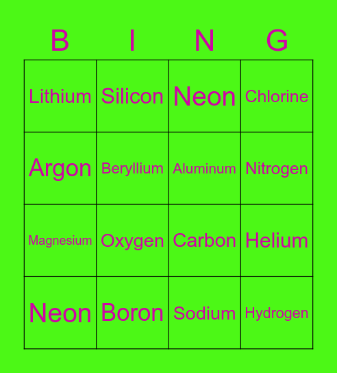 Elements 1-18 Names Bingo Card