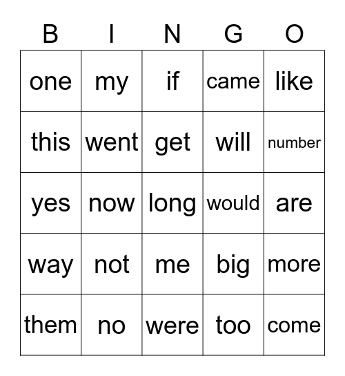 BiffyToons Sight Words SET 3 Bingo Card