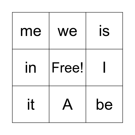 Sight Word Bingo Card