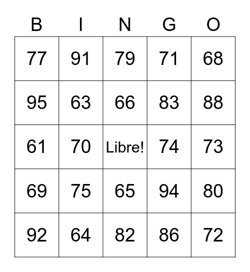 Bingo 60-100 Bingo Card