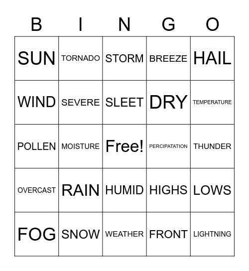 9.4 Weather Bingo Card