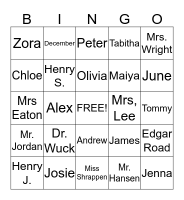 Mrs. Eaton's Class Bingo Card