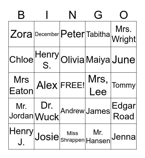 Mrs. Eaton's Class Bingo Card