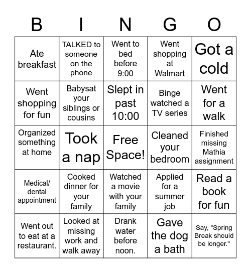 Secondary Spring Break Bingo Card