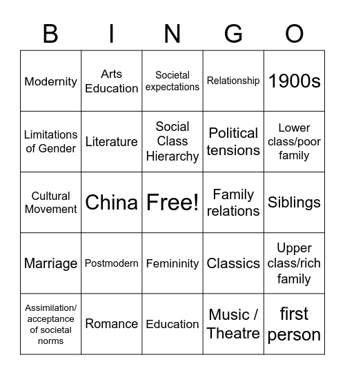 Short Story Bingo Card