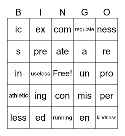 prefix and suffix bingo Card
