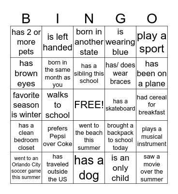 Human Bingo -- Introductions Directions: Find classmates who fit these description by asking them questions. Do not show each other your Bingo Card. Write your classmates names in when they fit the description. You cannot use the same person more than  Bingo Card