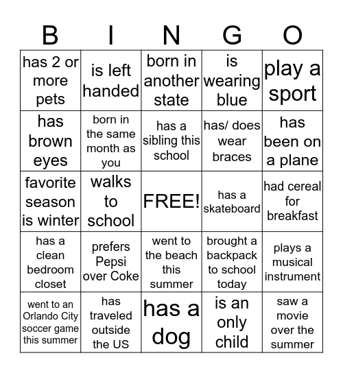 Human Bingo -- Introductions Directions: Find classmates who fit these description by asking them questions. Do not show each other your Bingo Card. Write your classmates names in when they fit the description. You cannot use the same person more than  Bingo Card