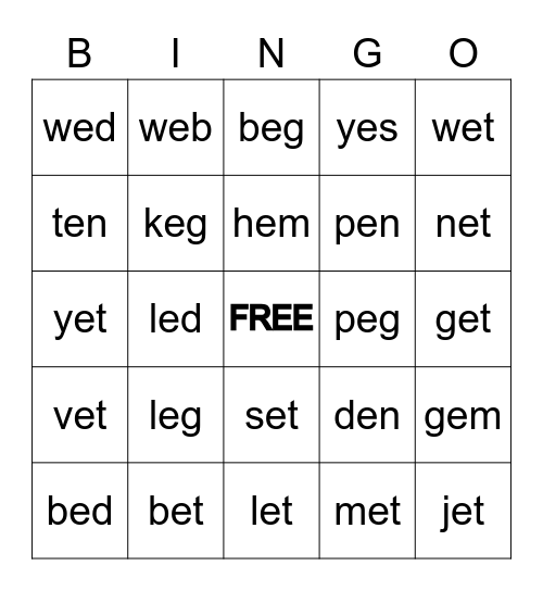 E Bingo (CVC) Bingo Card